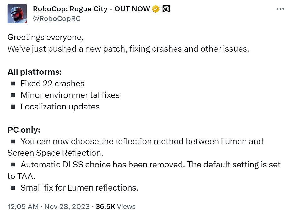 《機器戰警》修復22個閃退bug 提供兩種光照方案可選 《機器戰警》修復22個閃退bug 提供兩種光照方案可選