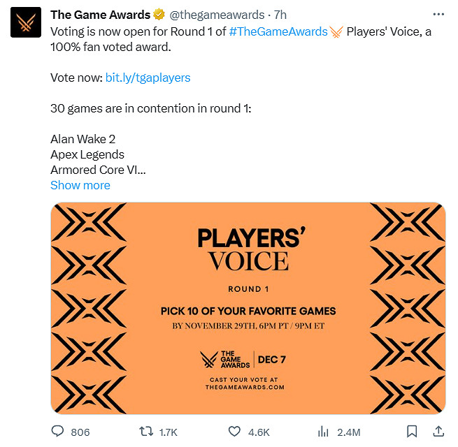 TGA23:玩家之聲獎第一輪投票現已開啟 共30位候選者 TGA23:玩家之聲獎第一輪投票現已開啟 共30位候選者