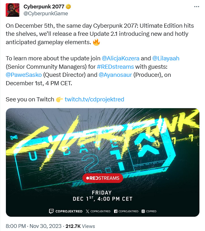 《電馭叛客2077》官方確認2.1版本將在12月5日更新！