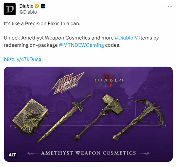 《暗黑4》官方宣布將與激浪連動 推出紫水晶幻化武器