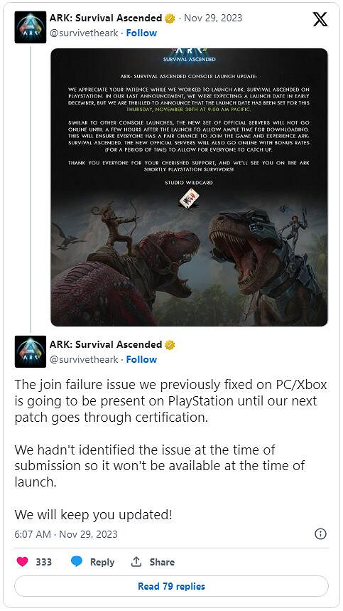 《方舟：生存飛升》宣布將於11月30日登陸PS5平台！