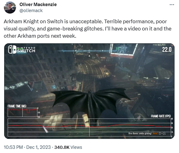 數毛社稱《蝙蝠俠:阿卡姆騎士》Switch版爛到難以接受 數毛社稱《蝙蝠俠:阿卡姆騎士》Switch版爛到難以接受