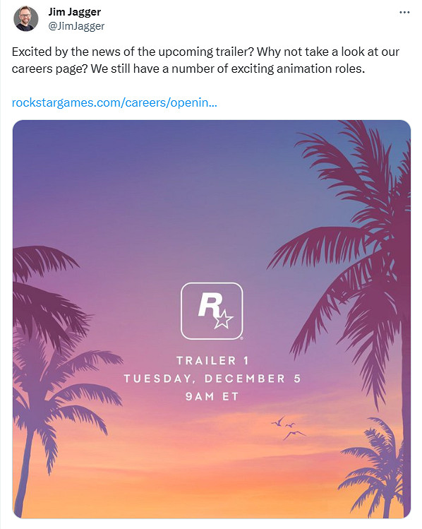 《GTA6》預告推文關注度爆表!R星高層順勢為R星招人 《GTA6》預告推文關注度爆表!R星高層順勢為R星招人