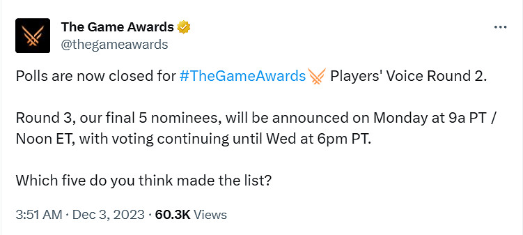 TGA23：玩家之聲第二輪投票已結束 第三輪12月5日開啟