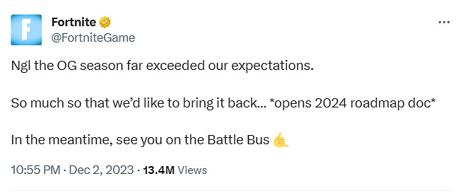 因太受歡迎《堡壘之夜》懷舊賽季內容將在2024年回歸 因太受歡迎《堡壘之夜》懷舊賽季內容將在2024年回歸