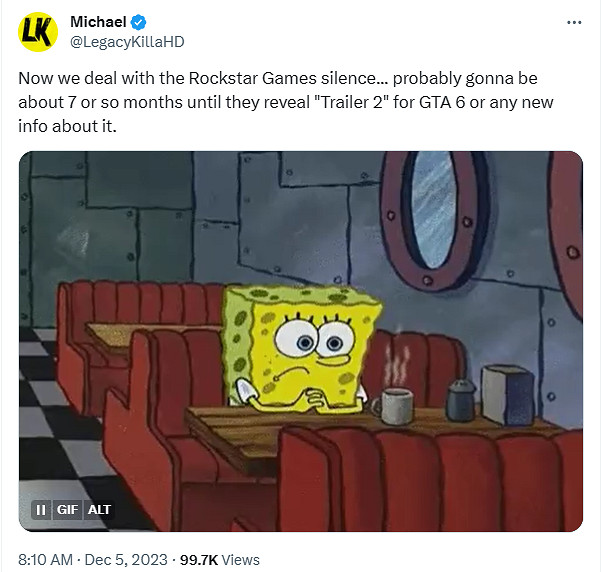 博主感慨《GTA6》下個預告最少等7個月 玩家:至少一年