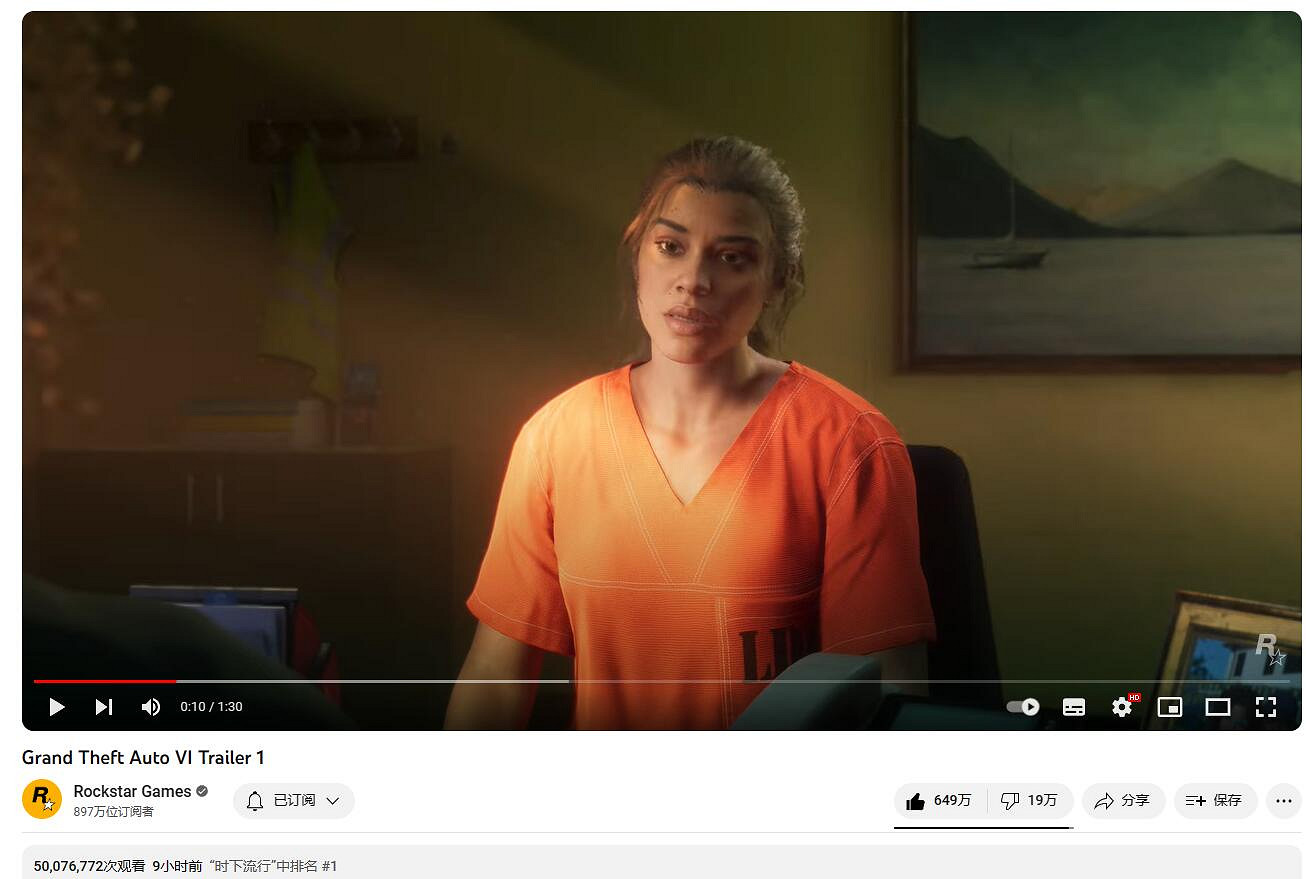 僅用9小時!《GTA6》預告片播放量已突破5000萬 僅用9小時!《GTA6》預告片播放量已突破5000萬