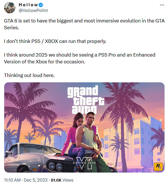 網友猜測PS5&amp;XSX帶不動《GTA6》 2025將來有可能有新主機？