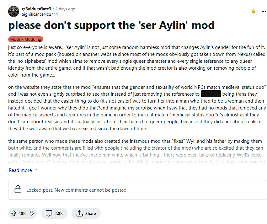 因被強烈抵制！N網刪除《柏德之門3》艾琳變性MOD