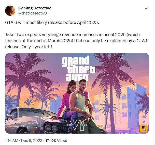 外媒猜測《GTA6》具體發售時間：將來有可能在2025年4月前！