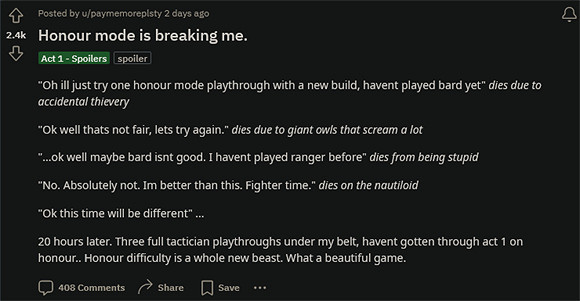 《柏德之門3》新“榮譽模式”實在太難：玩家叫苦連天