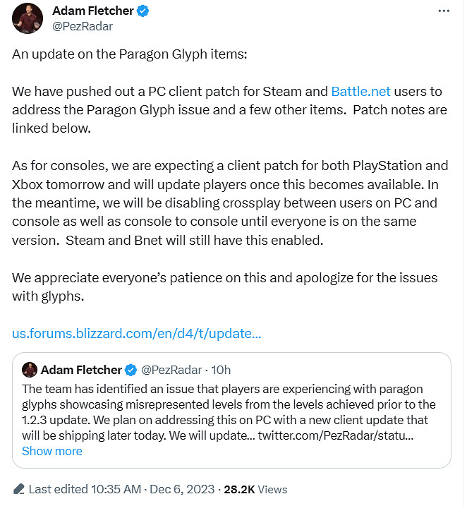 《暗黑4》更新後又出bug！雕文降級 跨平台連線被禁用