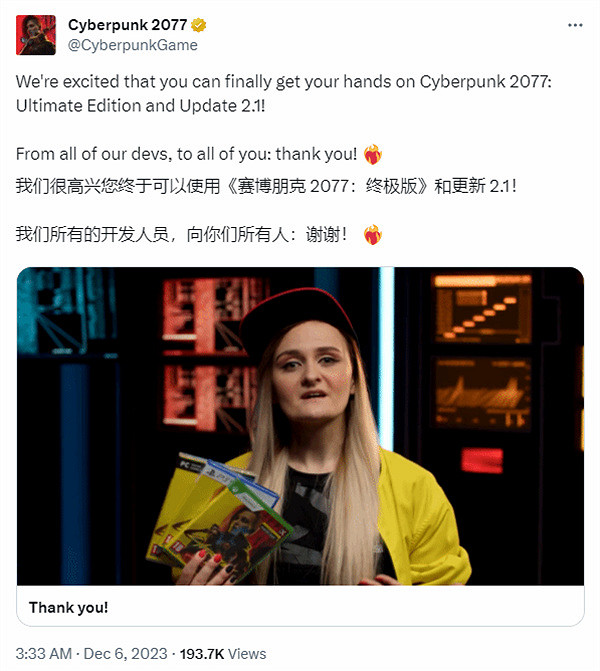 《電馭叛客2077》的故事告一段落！CDPR發文致謝玩家