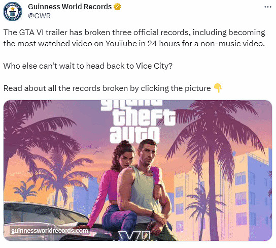 《GTA6》預告片打破金氏世界紀錄紀錄：創下三項世界之最！