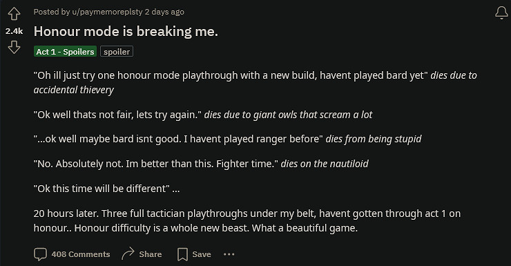 《柏德之門3》新榮譽模式太難!玩家紛紛訴苦 《柏德之門3》新榮譽模式太難!玩家紛紛訴苦