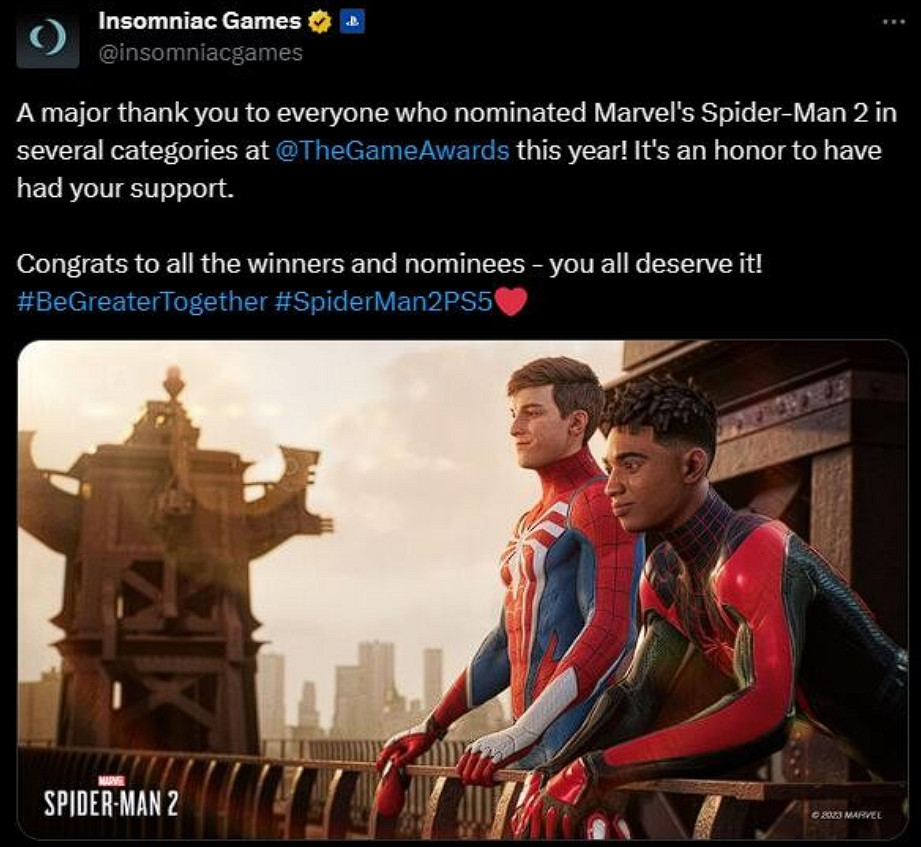 TGA23：《漫威蜘蛛人2》獲TGA 7項提名卻無任何獎項！