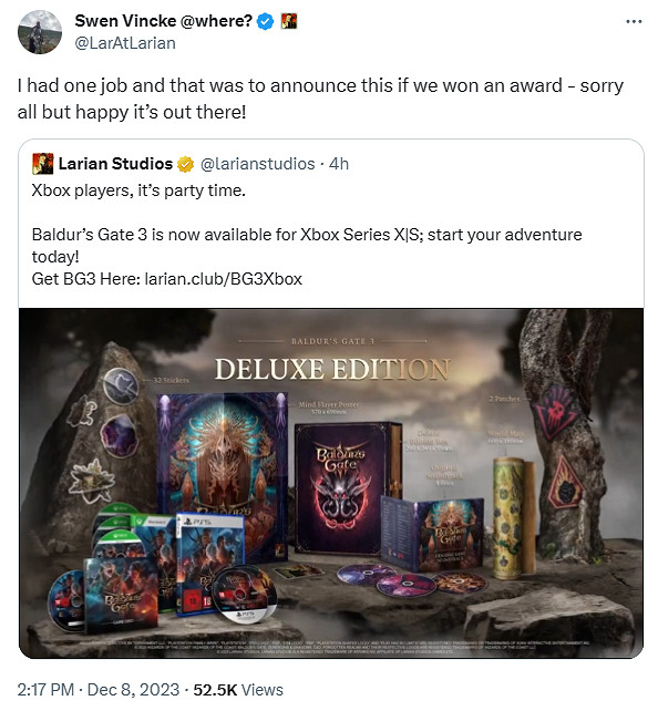 TGA23：得年度太激動 拉瑞安忘提《柏德之門3》Xbox版