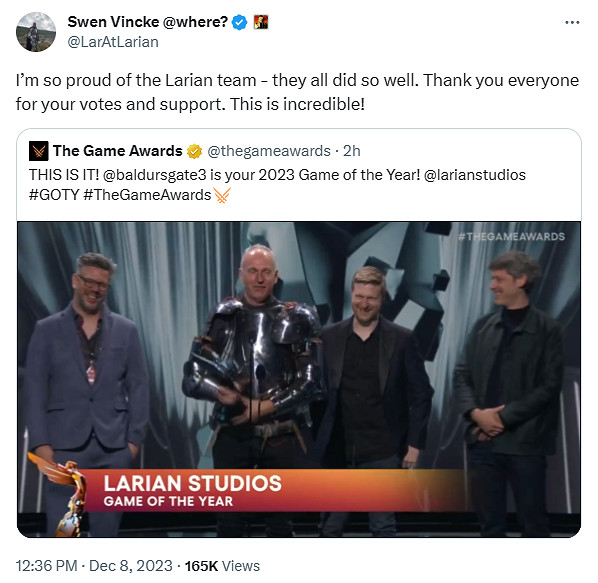 TGA23：《柏德之門3》得年度 拉瑞安創始人稱不可思議