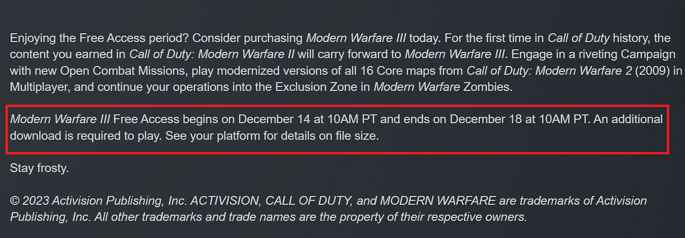 《決勝時刻：現代戰爭3》免費試玩活動具體時間公布