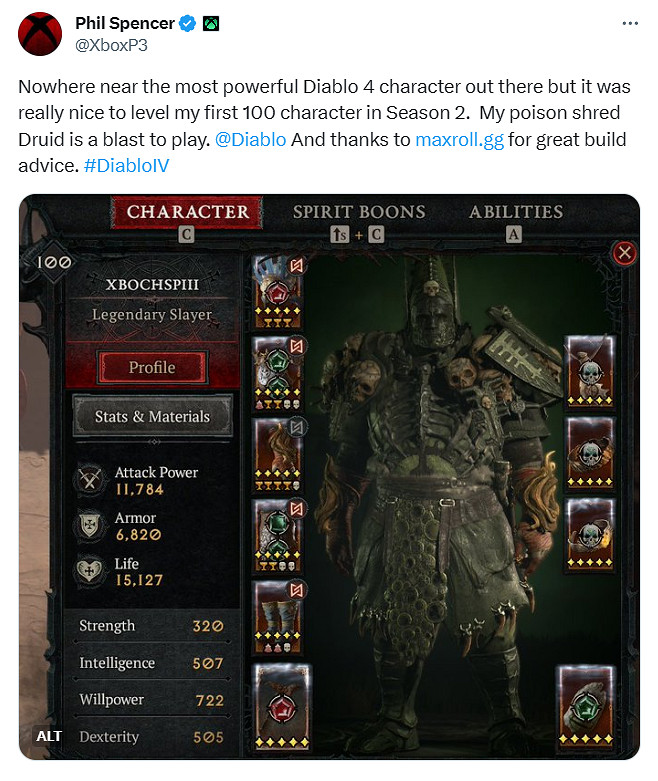 斯賓塞《暗黑4》德魯伊職業已滿級！曬截圖 稱玩的超爽