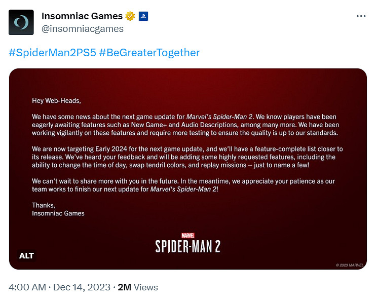 《漫威蜘蛛人2》新遊戲+模式延期至2024年初 需多測試