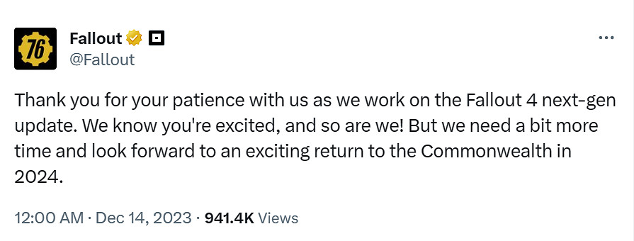 《輻射4》次世代版宣布延期至2024年！或與真人劇有關