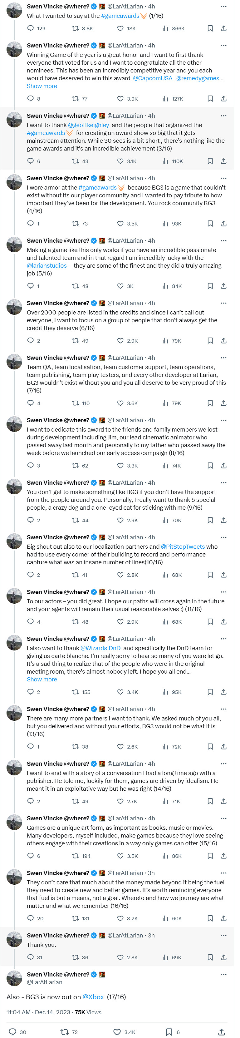 拉瑞安創始人發長文談《柏德之門3》獲TGA年度遊戲！