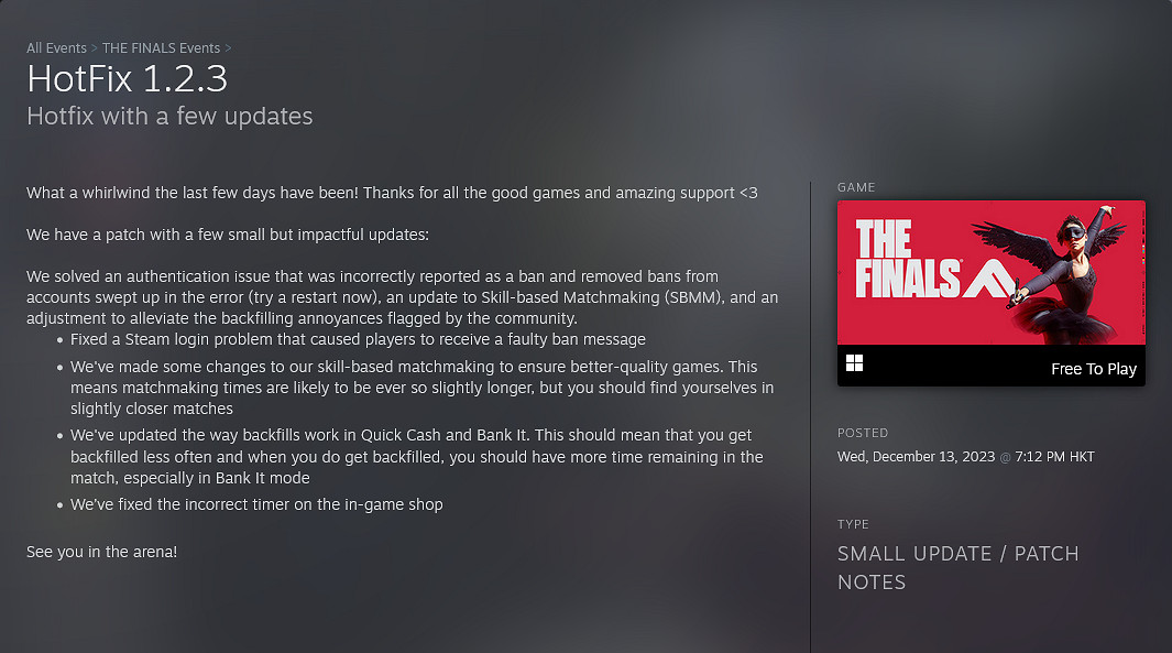 《The Finals》改進遊戲匹配機制 比賽更加勢均力敵