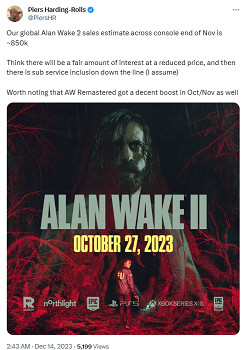 截止至11月底《心靈殺手2》主機端銷量約為85萬份