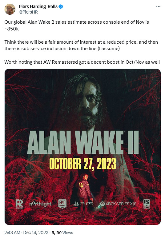 截止至11月底《心靈殺手2》主機端銷量約為85萬份