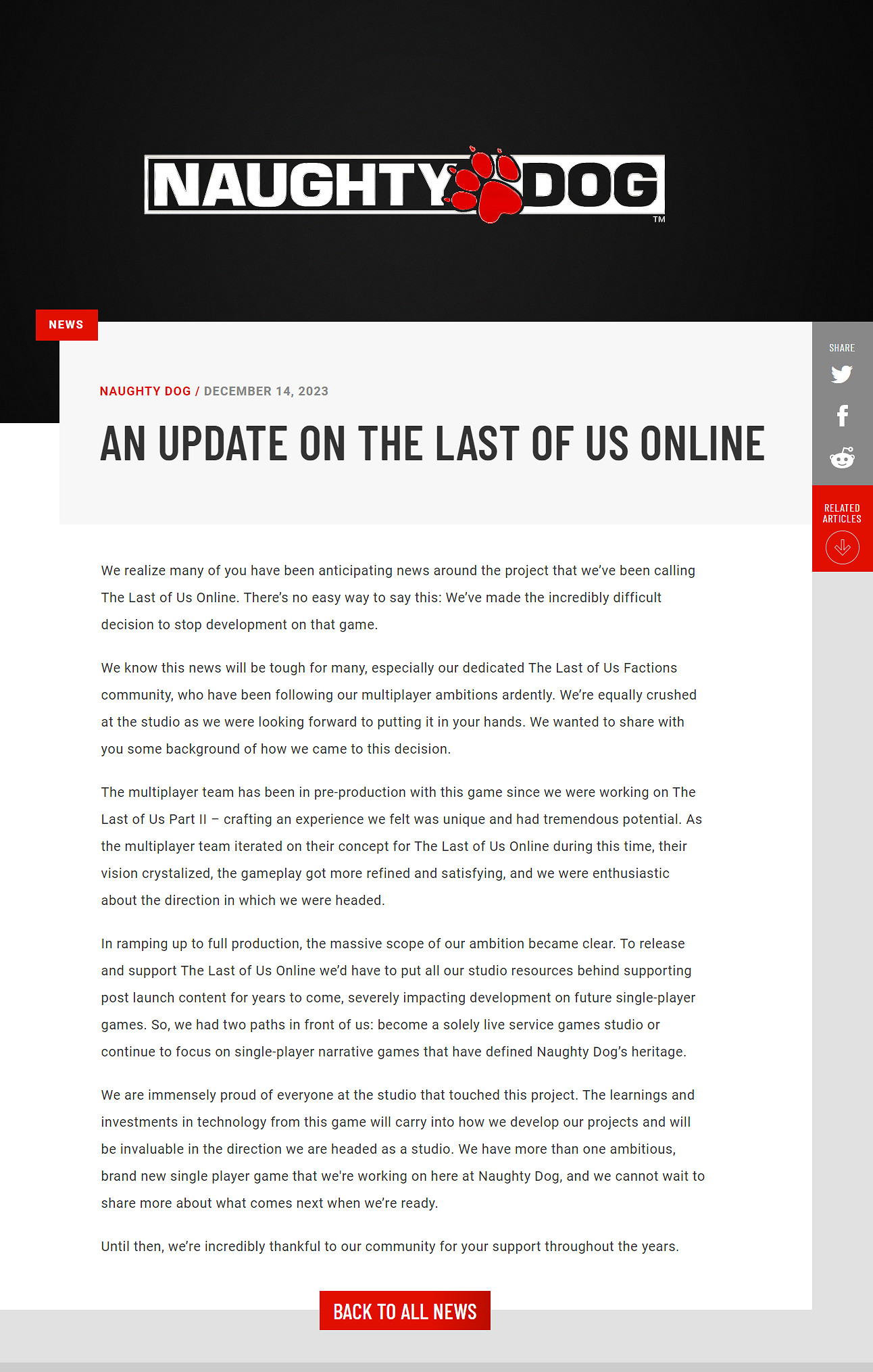 多年終成空 頑皮狗宣布取消《最後生還者》線上模式