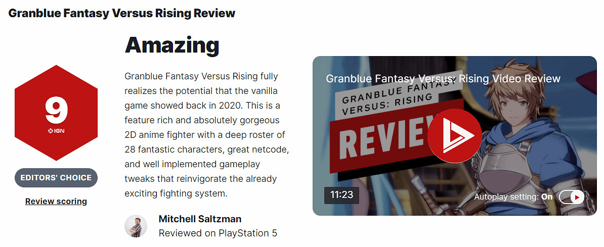 《碧藍幻想VS崛起》獲IGN9分 最好的格鬥遊戲之一! 《碧藍幻想VS崛起》獲IGN9分 最好的格鬥遊戲之一!