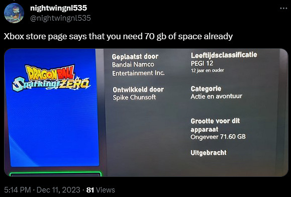 《龍珠Z:電光火石0》Xbox版安裝容量疑似洩露 《龍珠Z:電光火石0》Xbox版安裝容量疑似洩露