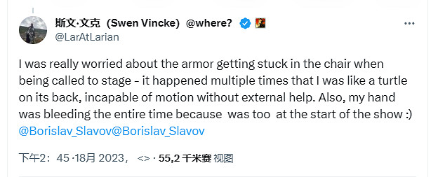 拉瑞安老大:TGA的盔甲真難穿 自己像烏龜一樣無法動彈