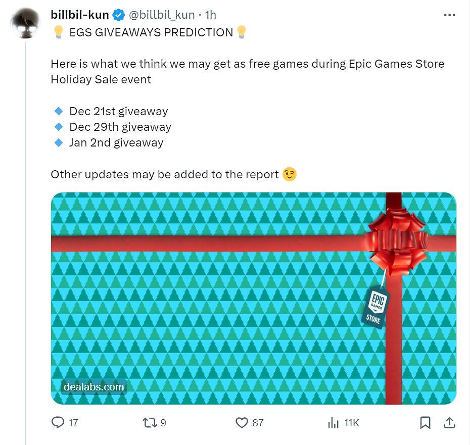 知名爆料人billbil-kun透露三款Epic神秘喜加一遊戲！