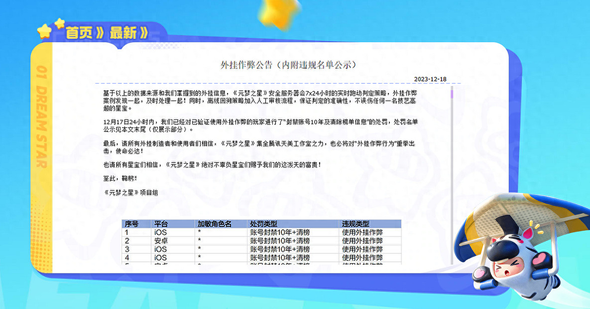 使用外掛將被封禁十年,《元夢之星》強勢出擊懲戒違規玩家 使用外掛將被封禁十年,《元夢之星》強勢出擊懲戒違規玩家