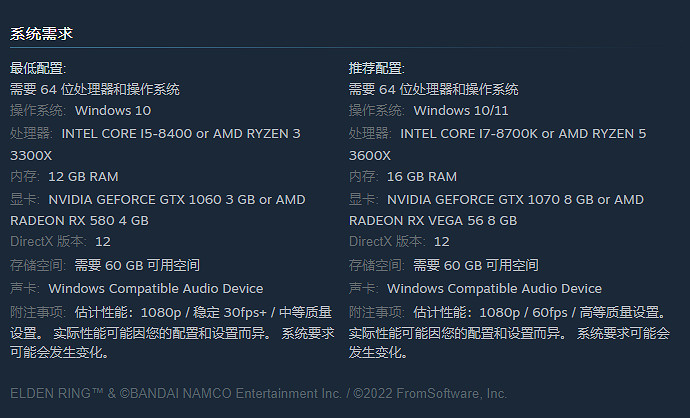 《艾爾登法環》pc配置要求 《艾爾登法環》pc配置要求