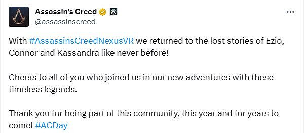 育碧發文感謝玩家支援《刺客教條：聯結核心VR》