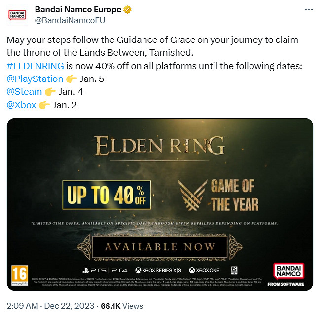萬代宣布《艾爾登法環》開啟全平台新史低促銷！打6折