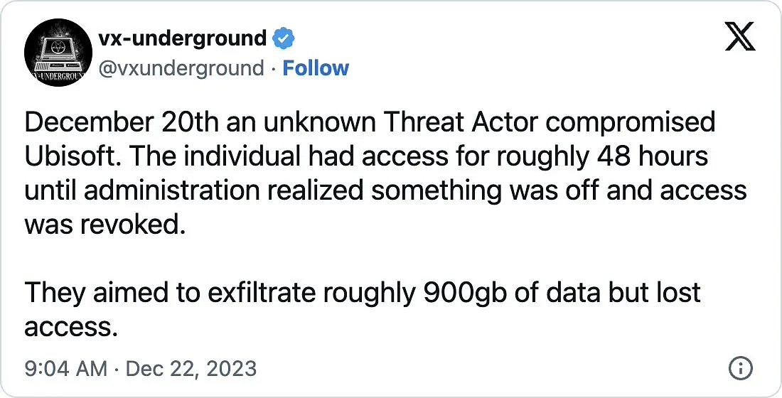 育碧正調查近期網路攻擊事件：約900GB資料外泄！