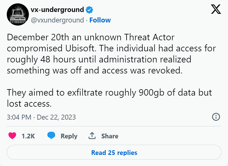 育碧也被駭客攻擊 差點丟失將近1TB資料