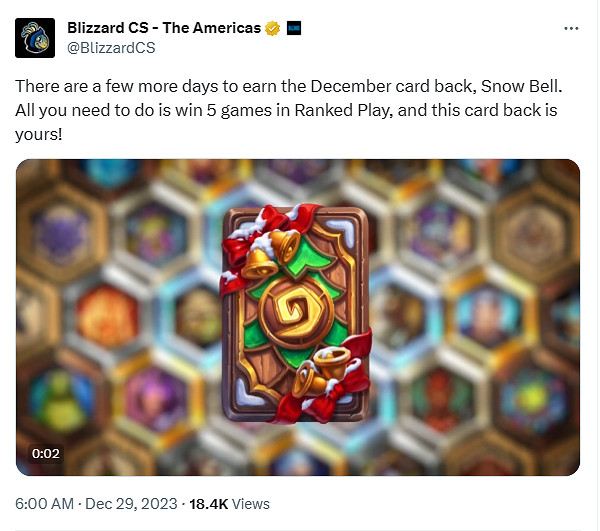 暴雪官方提醒：《爐石戰記》贏5場排位可得冬幕節卡背