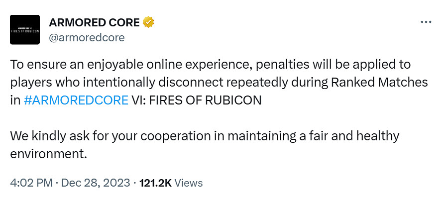 《機戰傭兵6》排位中故意反複斷開連接的玩家會被處罰