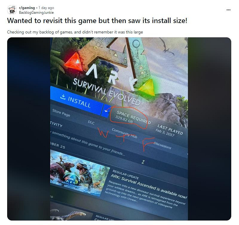 直接勸退！玩家吐槽《方舟：生存進化》容量超300GB