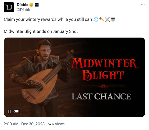 《暗黑4》官方提醒深冬祭活動1月3日結束 抓緊獲取獎勵