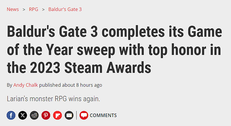 外媒稱隨著Steam大獎落幕 《柏德之門3》拿下三連冠! 外媒稱隨著Steam大獎落幕 《柏德之門3》拿下三連冠!