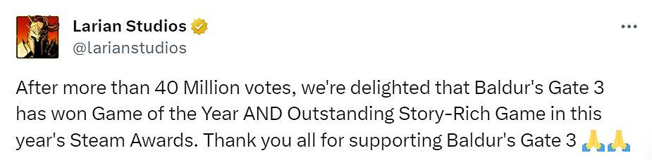 超4000萬投票!拉瑞安慶祝《柏德之門3》Steam獲獎 超4000萬投票!拉瑞安慶祝《柏德之門3》Steam獲獎