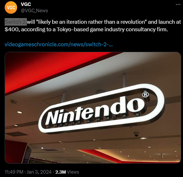 消息稱Switch 2售價或400美元 並非革命化而是加強版