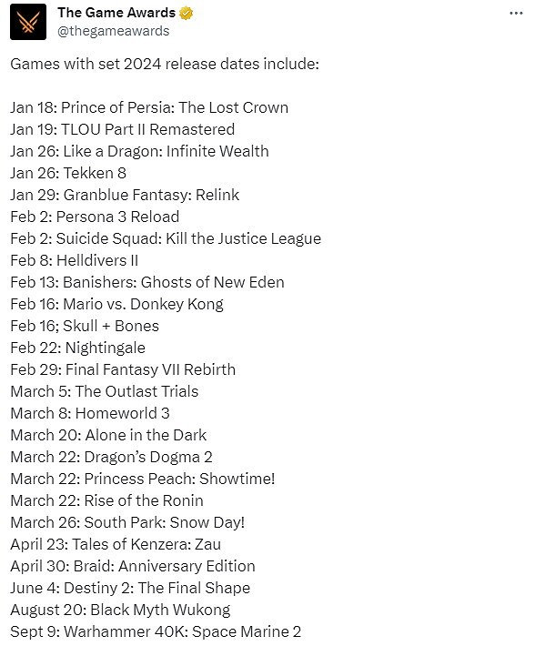 TGA匯總2024年主要遊戲發售日期 《黑神話》《龍族教義2》等