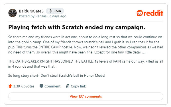 《柏德之門3》玩家因想和狗狗玩丟球卻慘遭敵人團滅 《柏德之門3》玩家因想和狗狗玩丟球卻慘遭敵人團滅